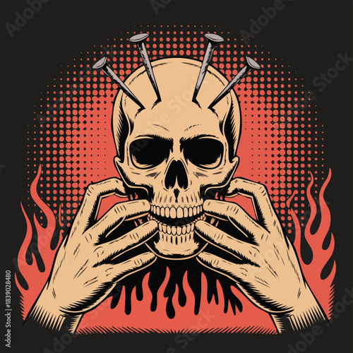 Skull with Nails and Flames Illustration.