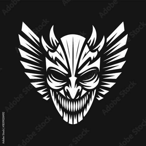 Stylized illustration of a demonic mask with wings.
