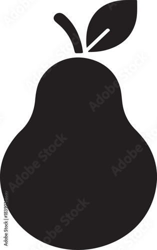 Black silhouette of a pear with stem and leaf fruit