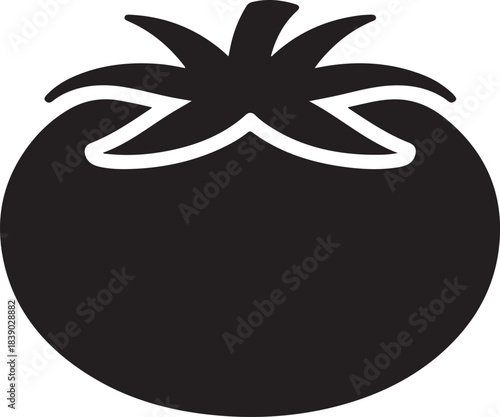 Black silhouette of a tomato with stem and leaves fruit