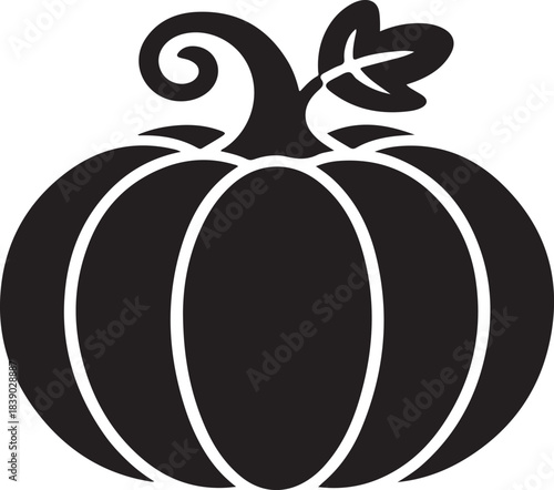 Black silhouette of a pumpkin with stem and leaf squash