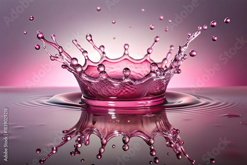 A crown-shaped splash of pink water captured in mid-air with reflections on a glossy surface