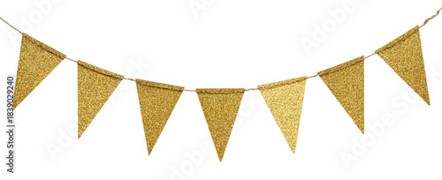 Golden glitter party bunting banner with eight triangular pennant flags isolated on transparent background