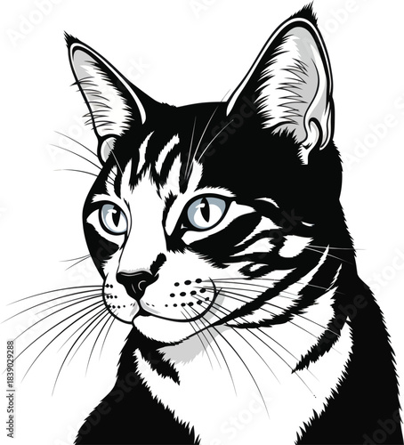 Black and White Cat Portrait Illustration