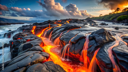 River of pahoehoe lava flowing down a cliff
