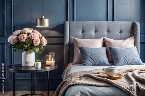 Stylish modern bedroom in dark colors. interior with navy blue walls, home decor