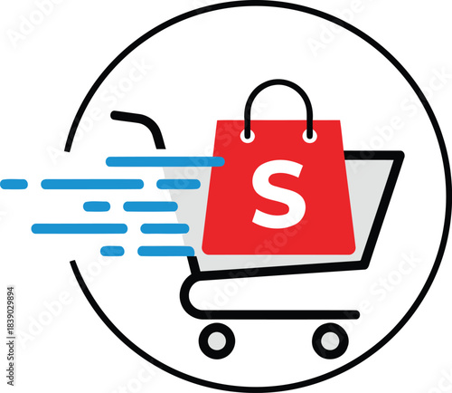 An iconic Shopee shopping bag rushes in a speedy cart representing quick online delivery services