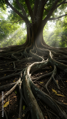 Massive ancient tree roots spread across dark earth beneath a sunlit jungle canopy creating drama