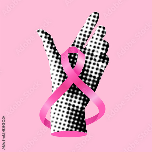 Halftone hand holds a pink ribbon symbolizing breast cancer. Illustration for Breast Cancer awareness month