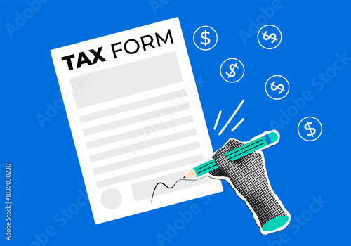 Signing a tax form. Halftone hand signs a document. Contemporary collage