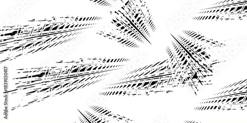 Grunge tire track, wheel braking marks. Truck, car or motorcycle tread pattern silhouette. Auto race, motorsport, speed racing design element. Vector illustration