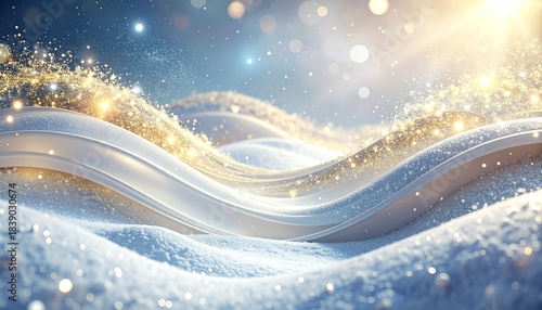 Fototapeta Naklejka Na Ścianę i Meble -  雪と金の光が煌めく青い波状の冬景色背景