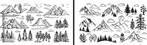 Mountain landscape sketch, mountain drawing vector, nature landscape art, hiking adventure illustration, mountain range scenery, alpine travel artwork, outdoor nature design, forest mountain pattern, 