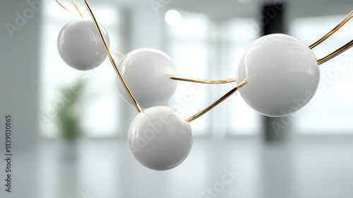 White sphere, gold wire, minimal abstract cluster, floating in bright modern interior, futuristic and clean atmosphere