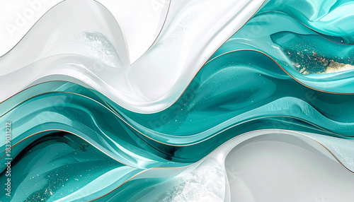 Fototapeta Naklejka Na Ścianę i Meble -  ターコイズと白の波状レイヤーに金粉が舞う海のような背景