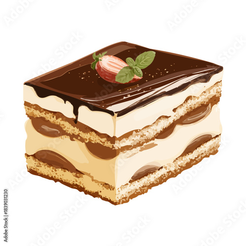 Flat 2D Tiramisu Cake vector illustration, icon graphic on white background