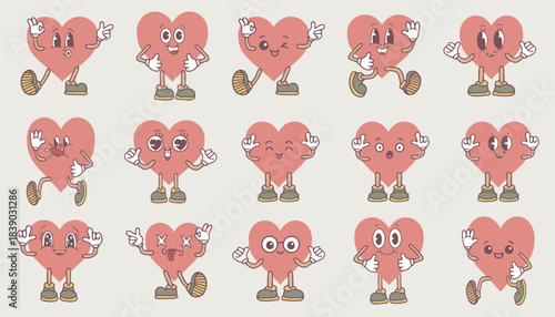 illustration featuring cute cartoon heart characters showcasing various emotions. Each heart displays a unique expression, creating a playful and dynamic pattern ideal for decorative use.