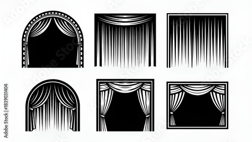 Collection of six black and white vector icons depicting various styles of ornate theater stage curtains and drapery designs