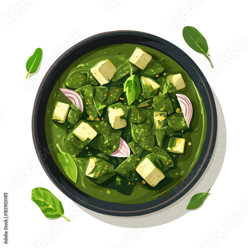 Minimal 2D flat vector of a Saag Paneer, icon-style illustration on a white background