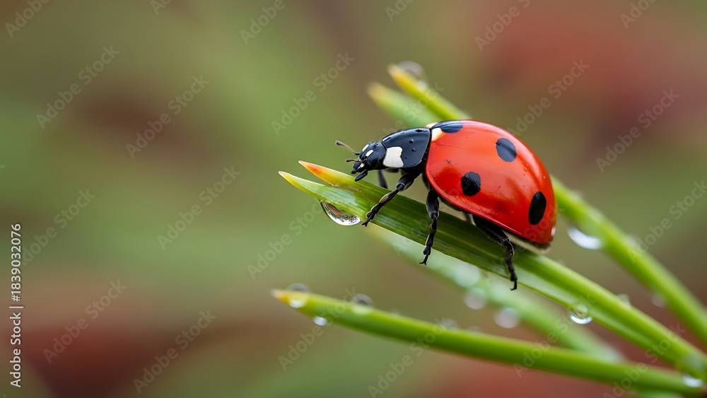 Fototapeta premium Ladybug with Water Droplets on Green Pine Needles Macro Shot insect beetle