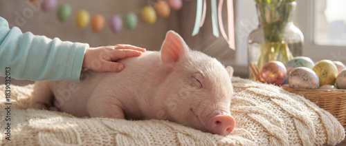 Child petting a sleeping pig near colorful eggs at home