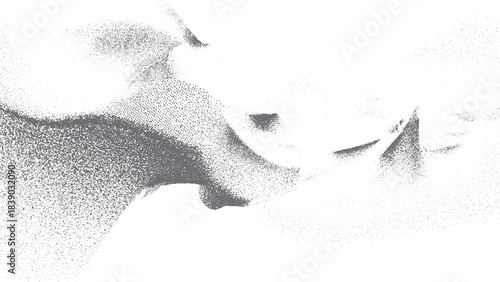 Abstract stipple wave flow in light grain texture and digital spray. Pointillism grain field, wide diagonal gap, scattered stipple clouds along borders. 