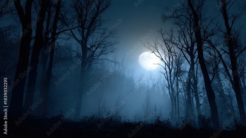 Fototapeta premium Spooky atmospheric backdrop with silhouettes of trees and soft moonlight