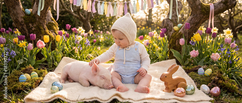 Baby sits on blanket with pig and bunny in garden with flowers