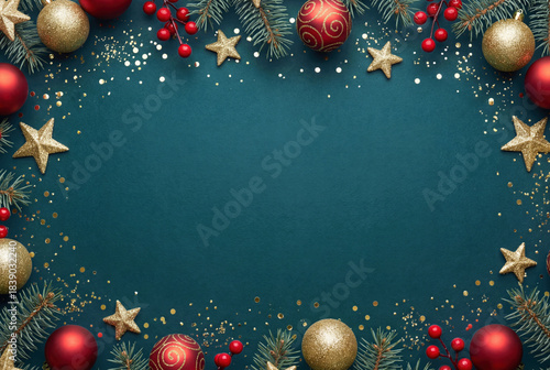Festive Christmas border background with red baubles and gold stars on a teal background with copy space.
