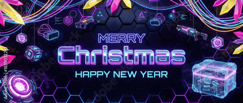 Cyber-Gamer style Christmas and New Year greeting banner with fiber-optic cables RGB light, polygonal crystal shards and floating stylized futuristic UI elements on dark glossy obsidian background