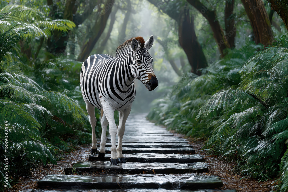 Obraz premium Zebra walks along a stone path in a lush green forest during early morning