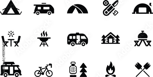 Collection of camping and outdoor recreation icons featuring tents camper vans bicycles campfires and picnic tables for travel and adventure concepts