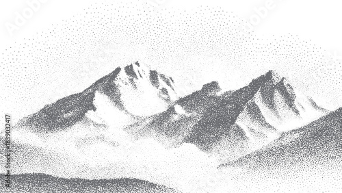 Abstract stippled mountain range in overlay pointillism grunge texture style. mounted landscape with grainy noise. Retro halftone vector illustration.
