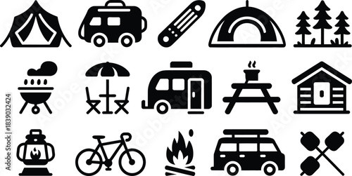 Collection of black and white camping icons representing tents campers bicycles campfires lanterns picnic tables and trees for outdoor adventure and travel themes