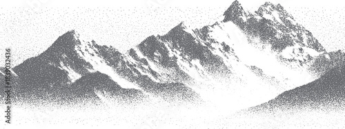 Abstract stippled mountain range in overlay pointillism grunge texture style. mounted landscape with grainy noise. Retro halftone vector illustration.