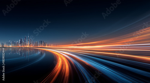 Dynamic Light Trails Over a Modern City Skyline at Dusk with Vibrant Colors and Reflections