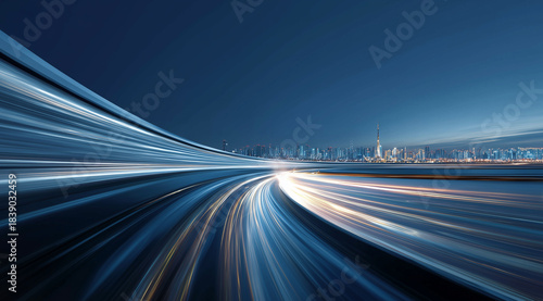 Dynamic Nightscape of City Skyline with Bright Light Trails and Smooth Flowing Motion in Urban Environment