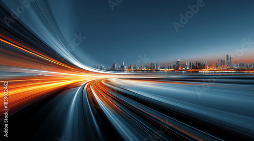 Dynamic Urban Skyline at Twilight with Motion Blur Effect and Vibrant Light Trails over the Water