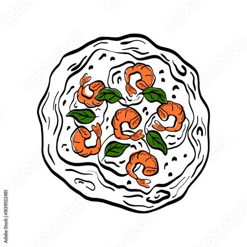 Mediterranean pizza illustration with shrimps and basil, drawn in clean line-art for food-themed designs. A simple and bold graphic perfect for menus, packaging and branding
