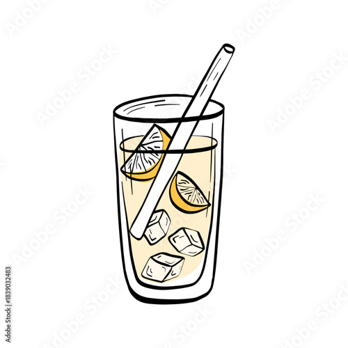 Vintage-inspired lemonade glass illustration with ice cubes and lemon slice. Ideal for bar menus, summer cafe, tropical drink graphics, and seasonal advertising