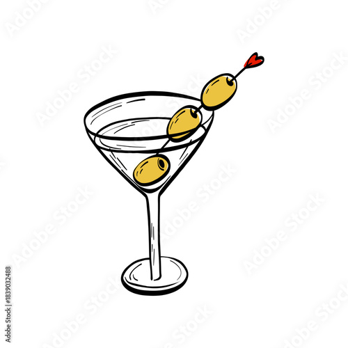 Elegant martini glass with olive doodle illustration. Ideal for bar menus, cocktail branding, and retro-style alcohol graphics