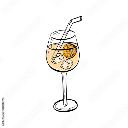 Elegant aperol spritz sketch with orange in a retro touch. Ideal for wedding bars, summer events, beach menus and curated drink collections on restaurant materials