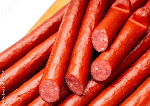 Smoked sausages close-up, food background