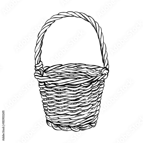 Hand drawn wicker basket with handle in vintage sketch style isolated on white background rustic container for food or gift packaging