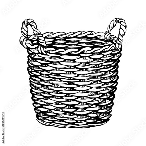 Hand drawn wicker storage basket with two rope handles in vintage sketch style isolated on white background rustic home decor container