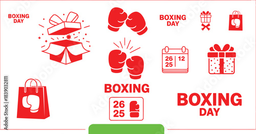 Festive boxing day icons and text elements for holiday promotions and sales