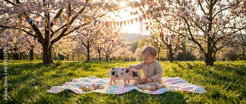 Baby plays with piglet under cherry blossom trees in springtime