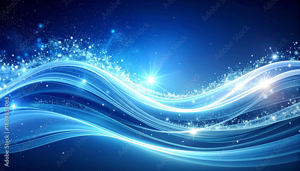 Obraz premium 青い光の波と粒子が飛び散る爽快な抽象デジタル背景