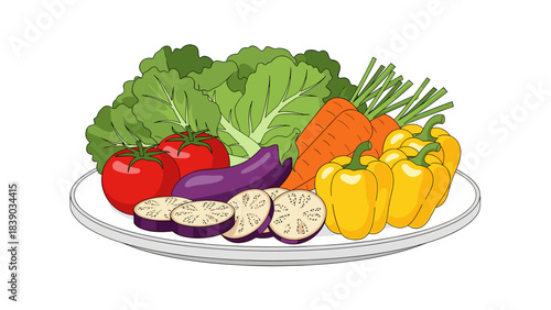 Illustration of fresh assorted vegetables on a plate for healthy eating and nutrition