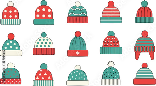 Colorful Flat Design Winter Knit Hats Collection, Christmas Beanies, Festive Warm Headwear Vector Illustration